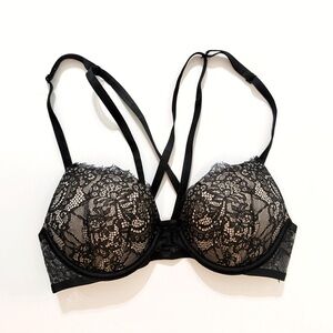 VICTORIAS SECRET BLACK BEIGE LACE BOMBSHELL FRONT OPEN CLOSE PUSH-UP BRA